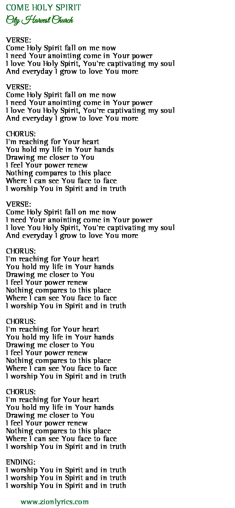 Come Holy Spirit Lyrics City Harvest Church Zion Lyrics