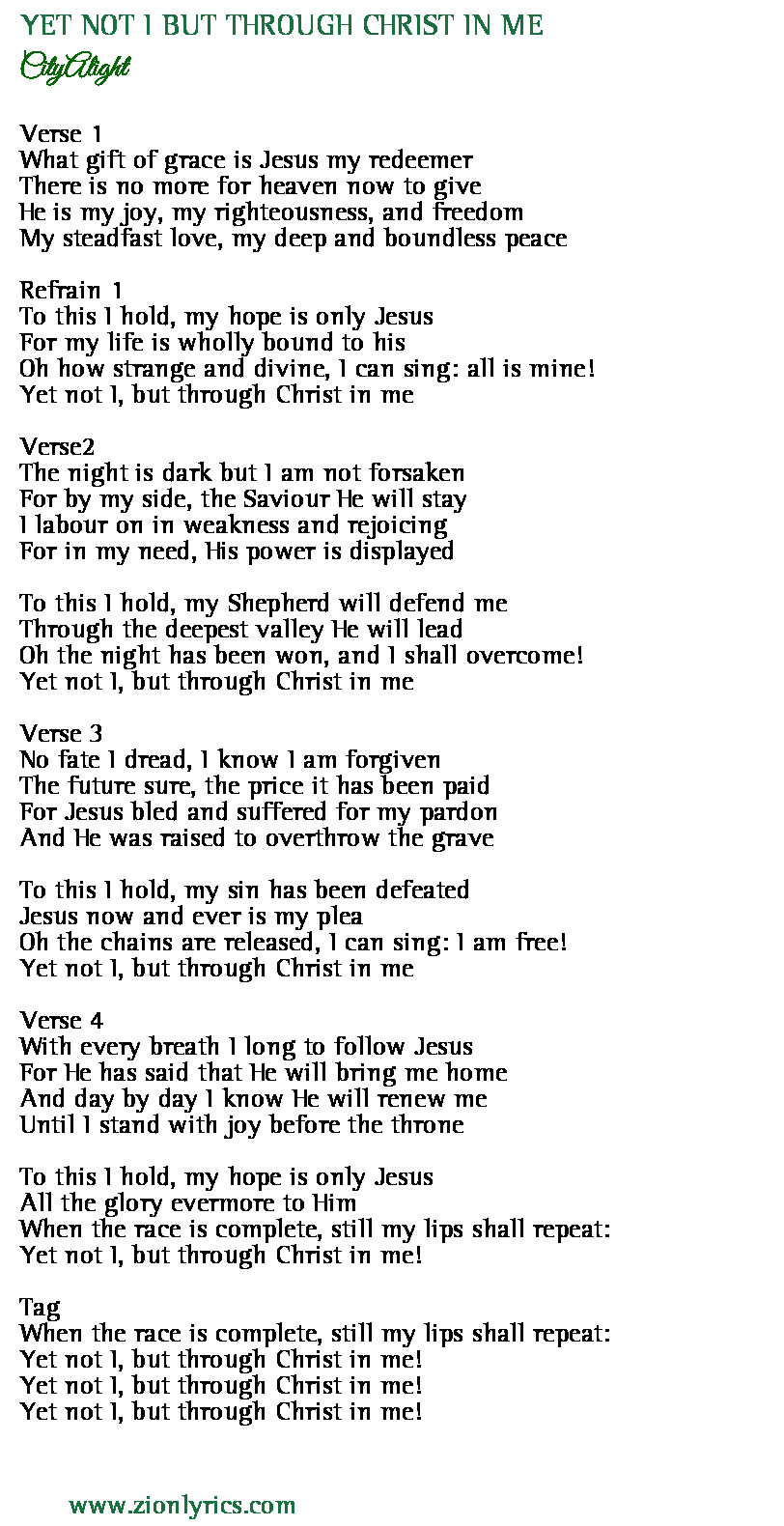 Yet Not I But Through Christ In Me Lyrics Cityalight Zion Lyrics