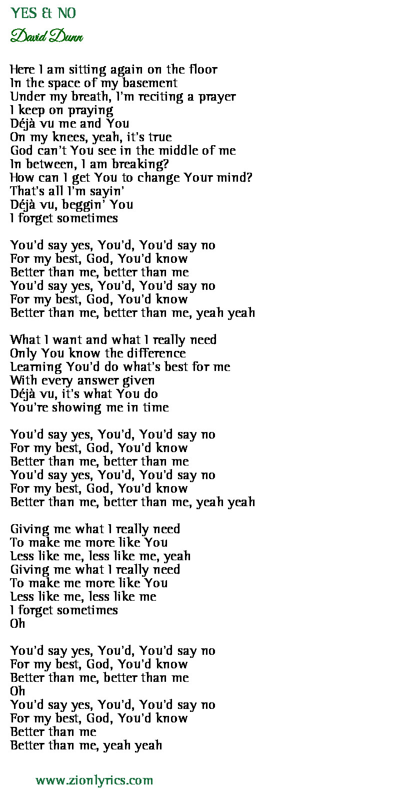 Yes No Lyrics David Dunn Zion Lyrics