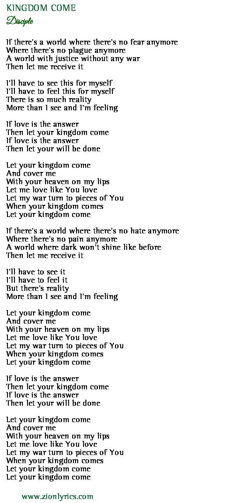Kingdom Come Lyrics Disciple Zion Lyrics