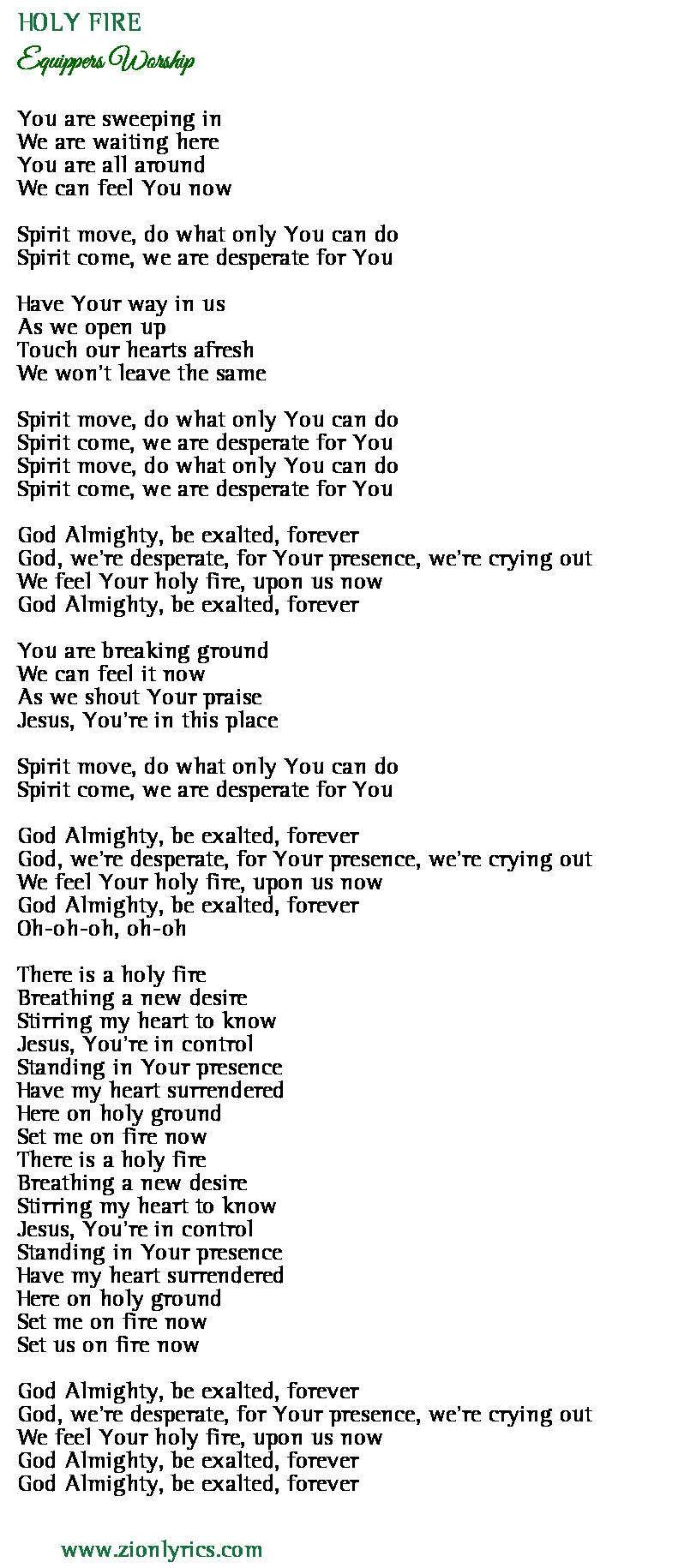 Holy Fire Lyrics Equippers Worship Zion Lyrics