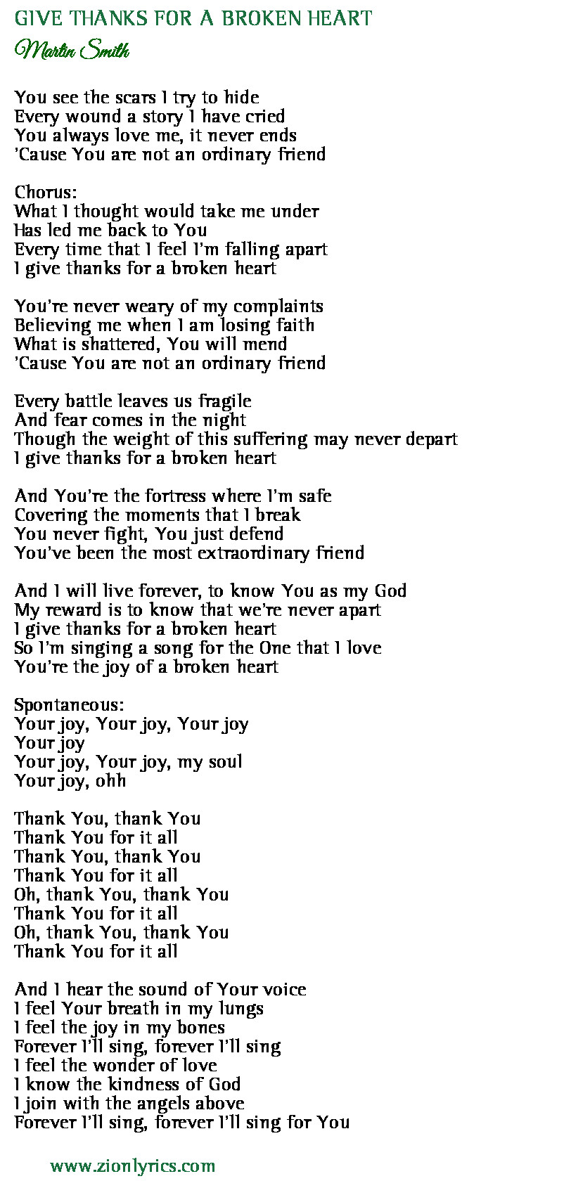 Give Thanks For A Broken Heart Lyrics Martin Smith Zion Lyrics