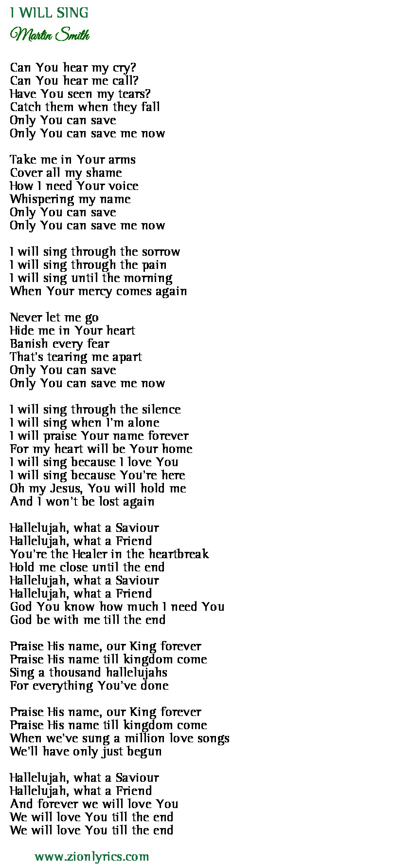 I Will Sing Lyrics Martin Smith Zion Lyrics