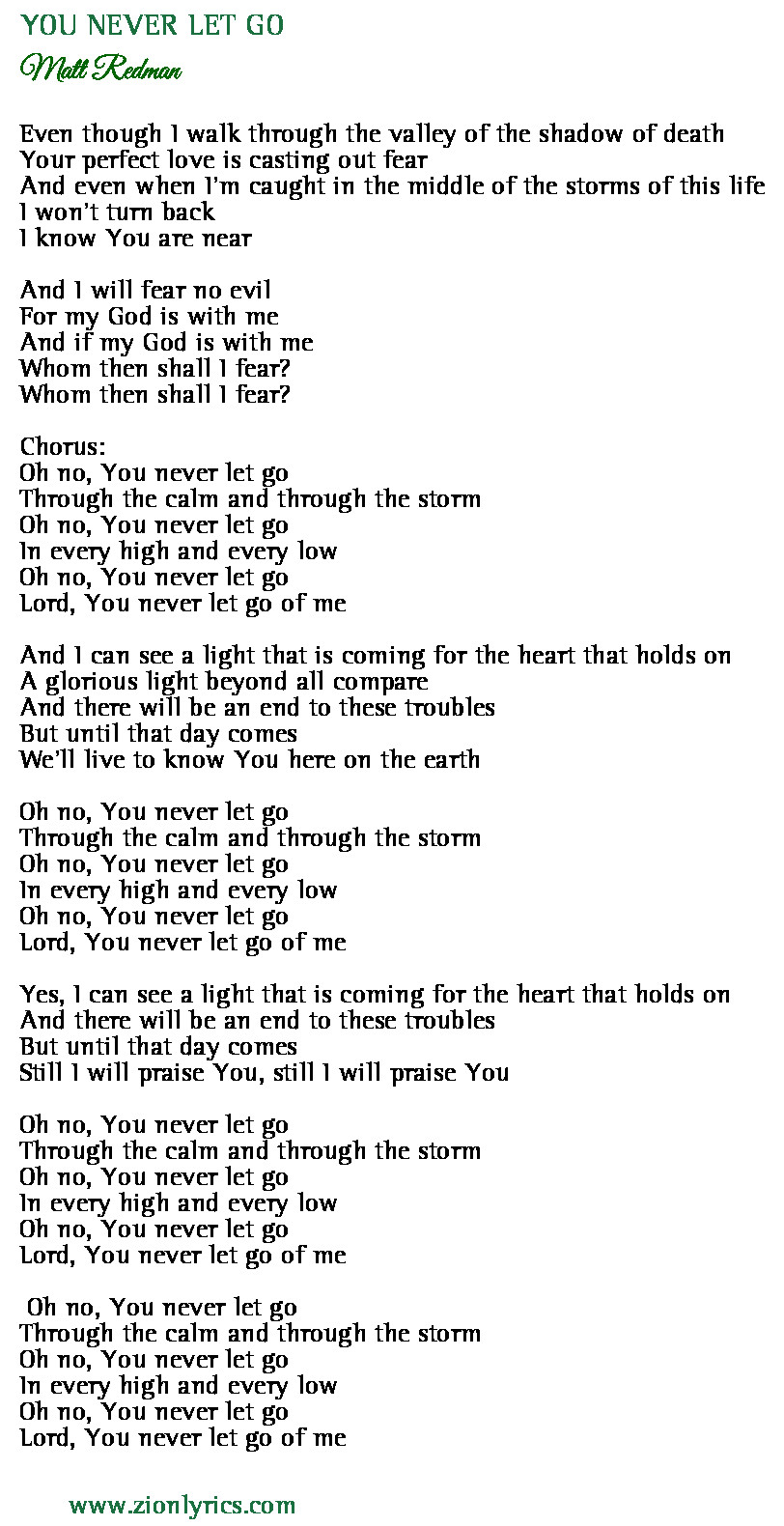 You Never Let Go Lyrics Matt Redman Zion Lyrics