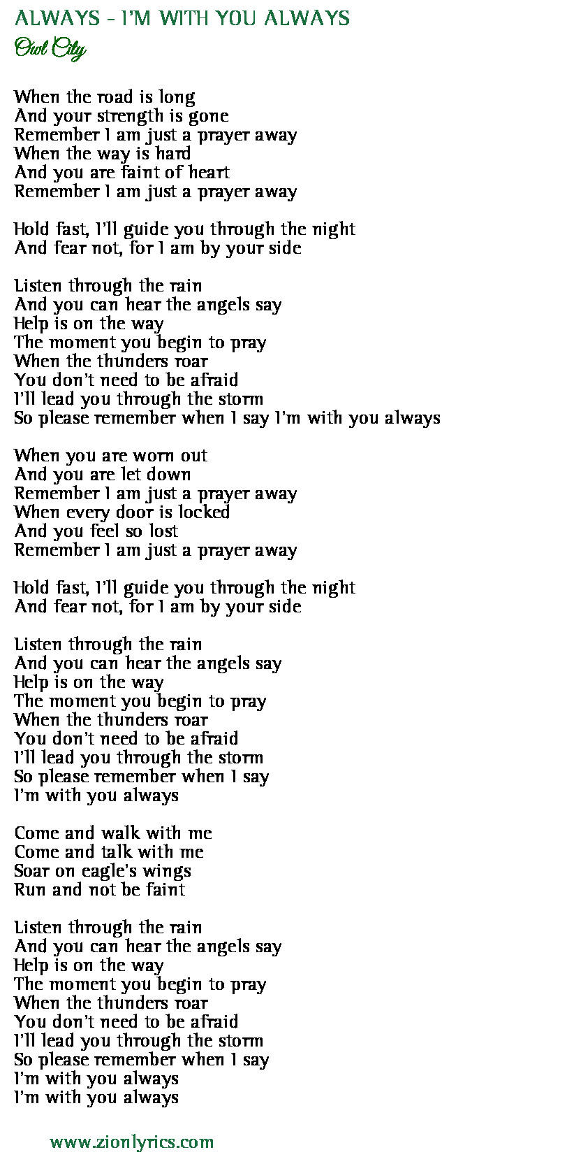 Always I M With You Always Lyrics Owl City Zion Lyrics