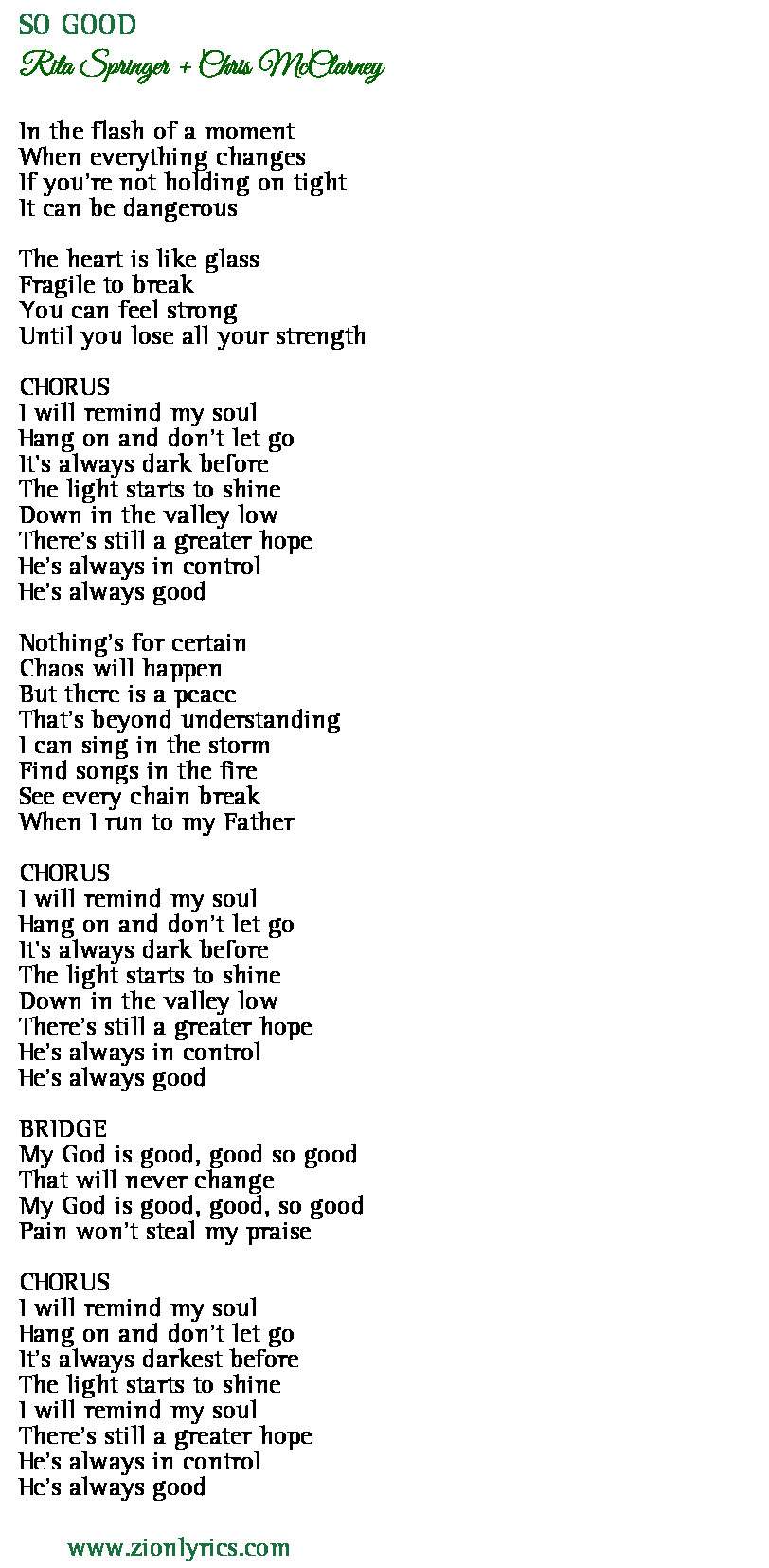 So Good Lyrics Rita Springer Chris Mcclarney Zion Lyrics So Good Lyrics Rita Springer Chris Mcclarney Zion Lyrics