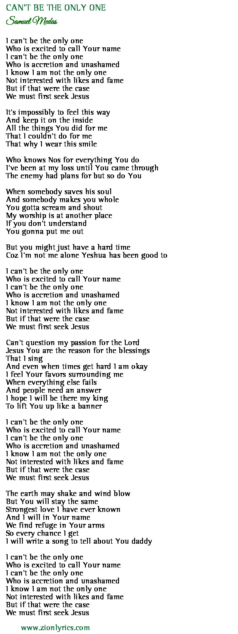 Can T Be The Only One Lyrics Samuel Medas Zion Lyrics