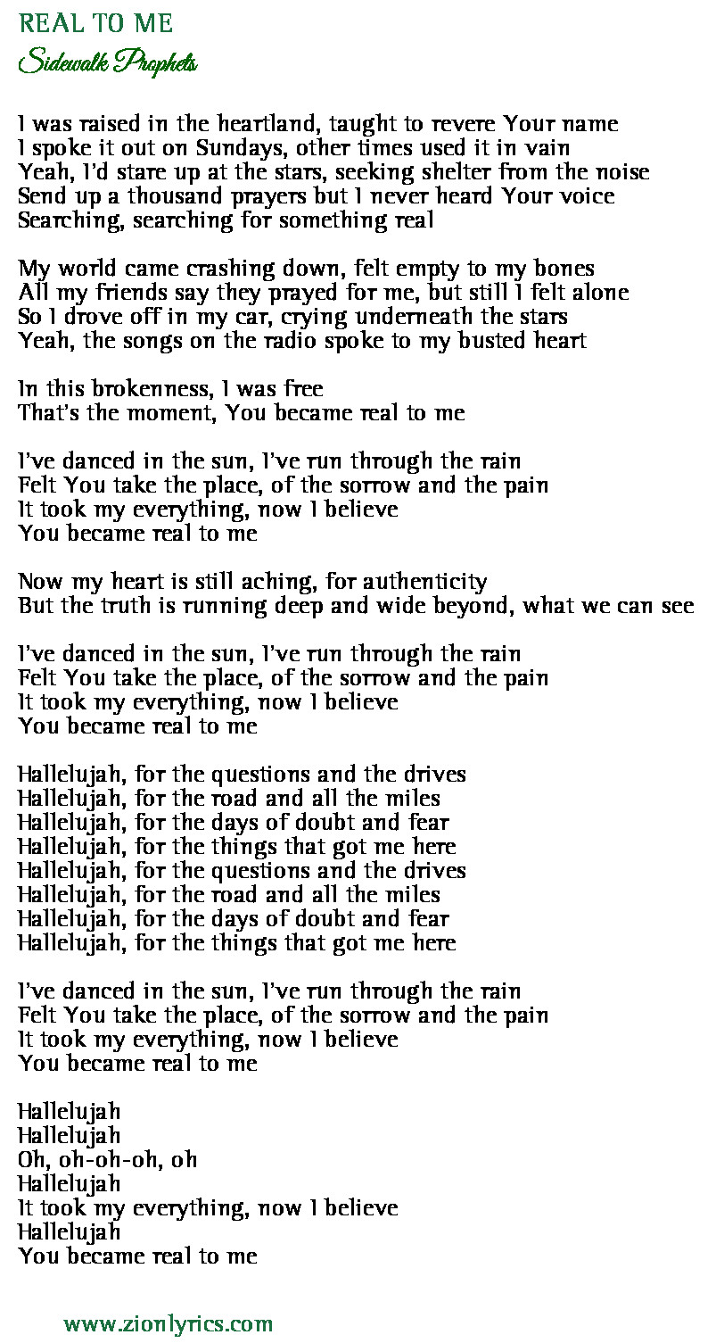 Real To Me Lyrics Sidewalk Prophets Zion Lyrics