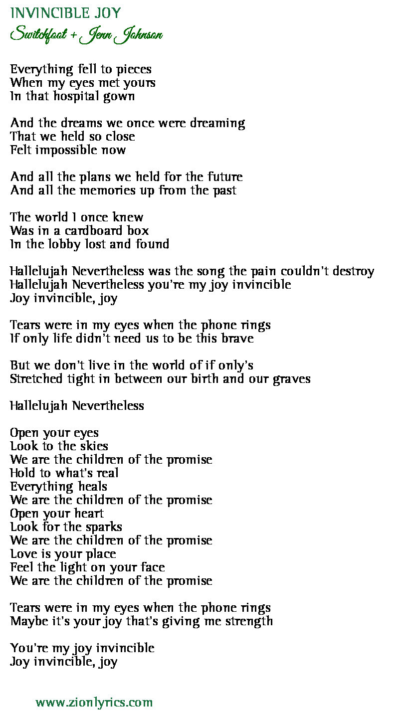 Invincible Joy Lyrics Switchfoot Jenn Johnson Zion Lyrics