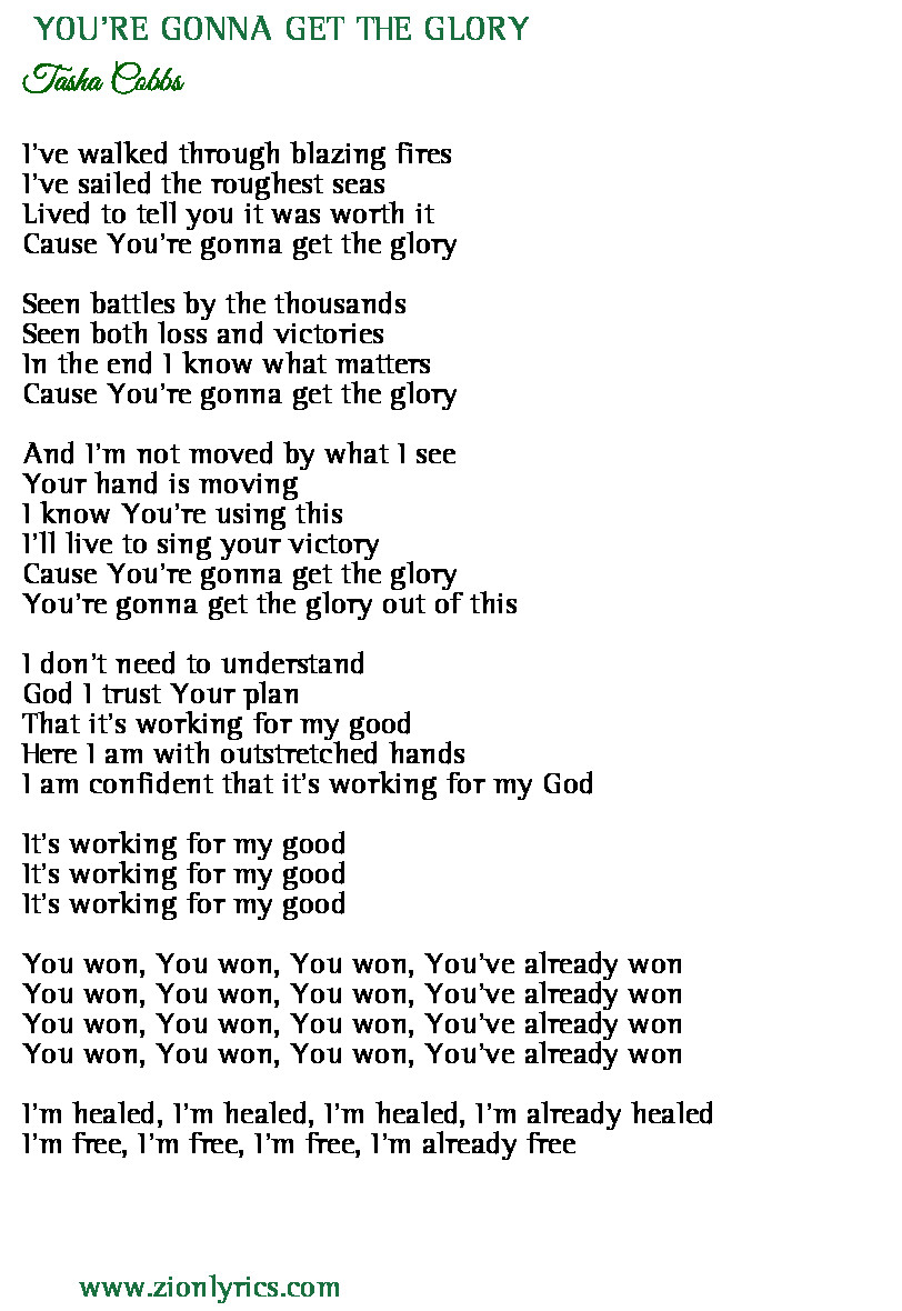 You Re Gonna Get The Glory Lyrics Tasha Cobbs Leonard Zion Lyrics