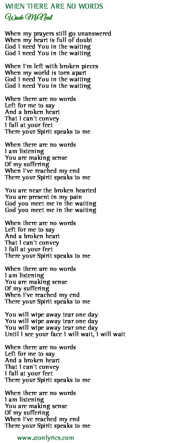 When There Are No Words Lyrics Wade Mcneal Zion Lyrics