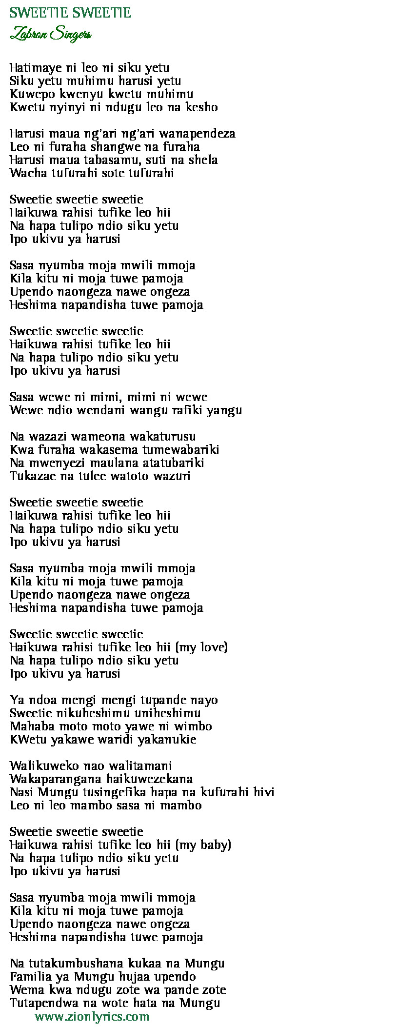 Zabron Singers - Sweetie Sweetie Lyrics